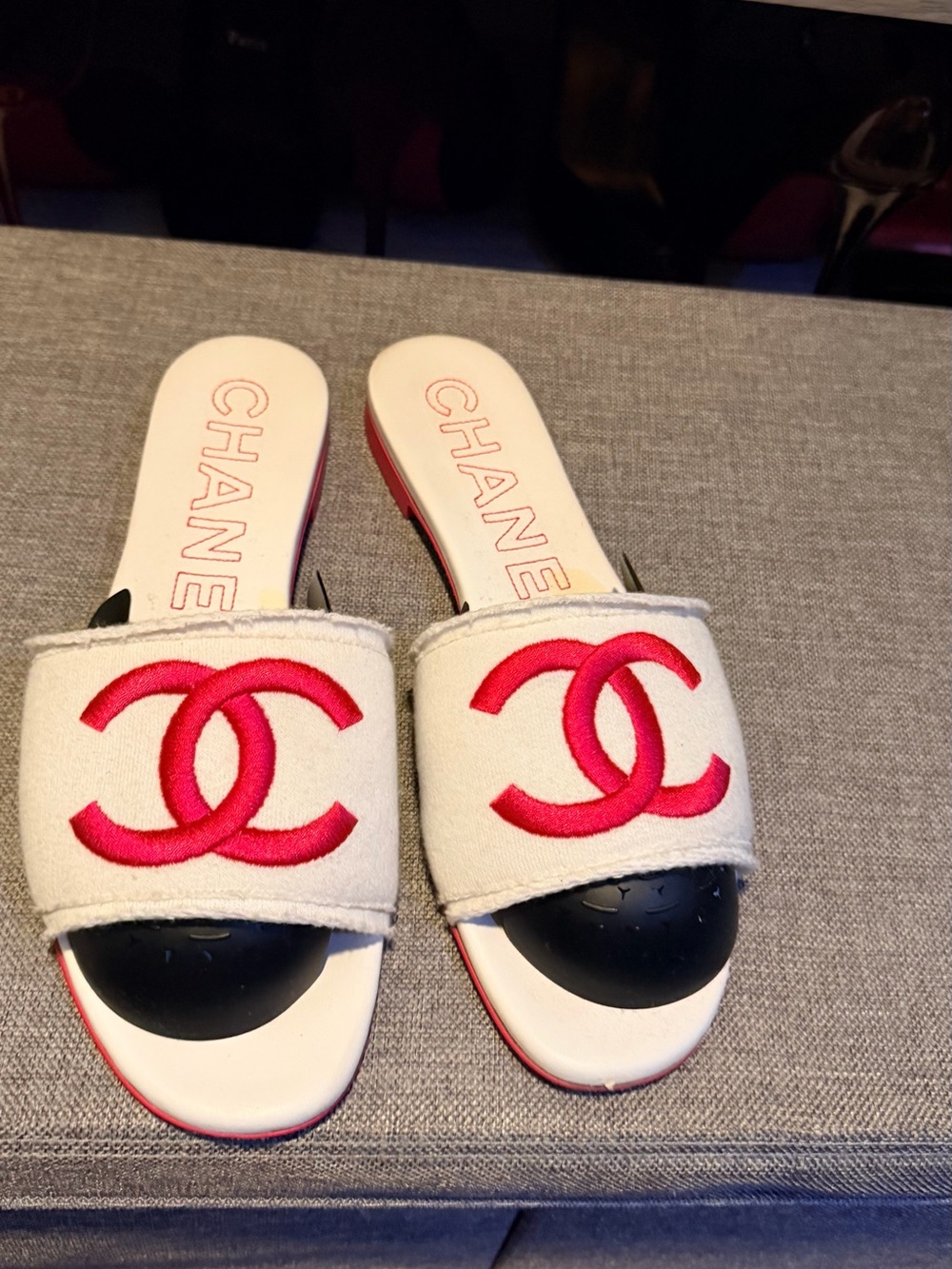CHANEL White Slides with Pink Logo Embroidery size 42